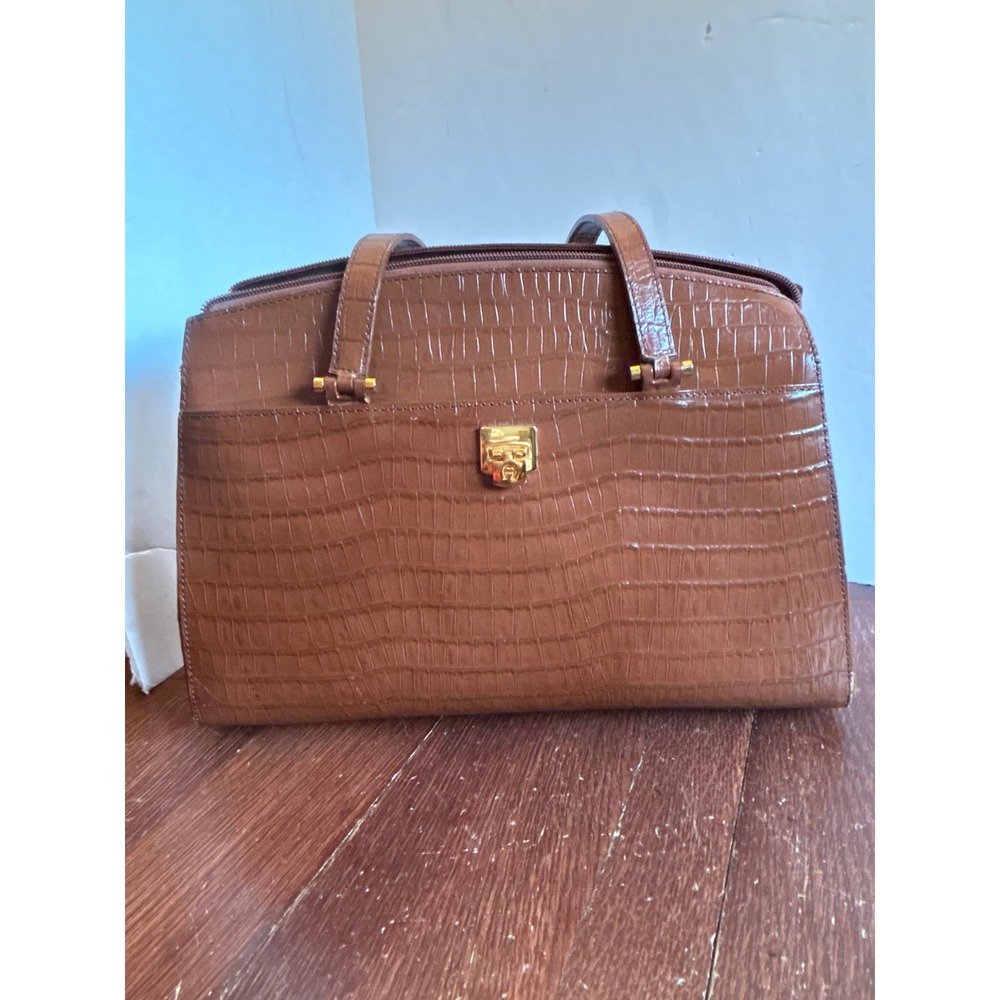 Etienne Aigner Cognac Brown Croc Embossed Leather Shoulder‎ Bag Vintage Satchel